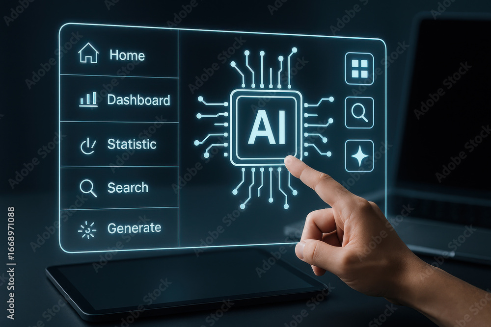 Poster artificial intelligence interface with hand pointing on digital screen