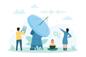 Radar antenna for telecommunication vector illustration. Cartoon tiny people connect to futuristic satellite dish for digital communication and surveillance, using laptop and mobile app in phone