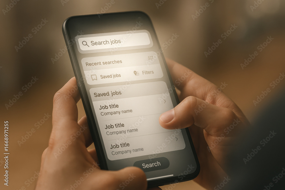 Poster job search on mobile phone with saved job listings and filters for easy browsing