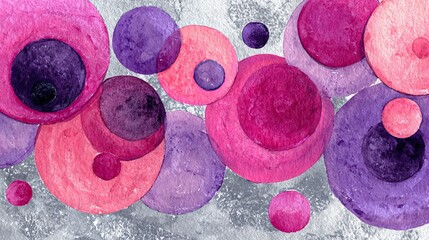 Watercolor circles background in shades of purple, pink, and violet creating an abstract and unique design with a silver texture