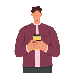 Man drinking coffee in spring park vector illustration. Cartoon happy cute male character standing with coffee cup among trees and flying cherry flowers petals to enjoy drink and beauty of weather