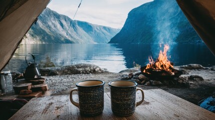 Two mugs sit on a table with a burning fire and tranquil lake and mountain vista