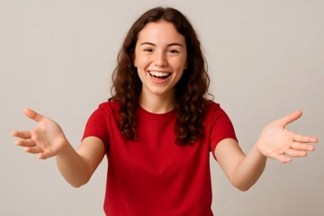 Smiling woman in a red shirt extending arms forward, conveying a friendly and inviting atmosphere, ideal for concepts of support and connection
