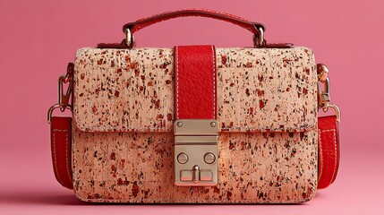 Cork leather handbag with red straps and metal buckle showcased on pink background