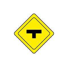 Flat vector illustration of a yellow diamond-shaped T-junction road sign. Used to warn drivers about an upcoming T-intersection where the road ends ahead. Minimalist traffic sign design on white backg