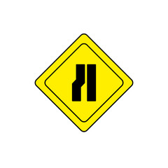 Flat vector illustration of a yellow diamond-shaped traffic sign with a road narrowing symbol, warning drivers about a reduction in lane width ahead