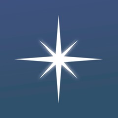 Sparkle star symbol, white flat design graphic in blue background