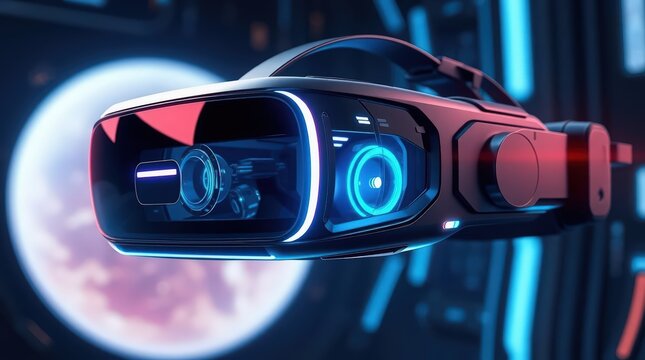 Immersive VR headset with glowing neon lights providing futuristic virtual reality experience