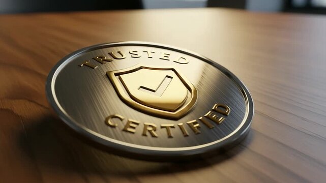 Metallic trusted certified badge laying on wood surface. Trusted certified badge with shield emblem presents authenticity. Trusted certified badge symbolizes assurance, suitable for creating videos.