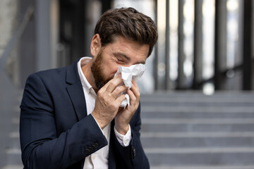 Businessman sneezing outdoors with tissue during a cold or allergy episode