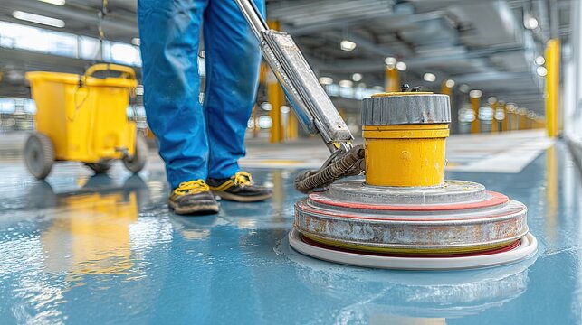 Man in orange uniform washes wet parking garage floor with hose at night after rainfall in Middle East