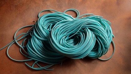 tangled teal noodles on brown background abstract culinary texture and modern design
