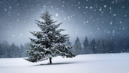 a solitary evergreen tree stands in a snowy landscape under a softly falling snow a peaceful winter scene