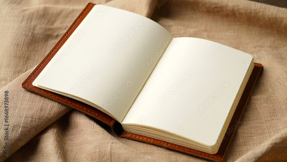 Poster open leather notebook with blank pages on a textured fabric background
