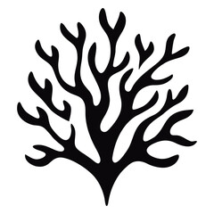 Stylized black silhouette of a branching coral reef structure, Abstract Coral Vector Art, Black Illustration, stylized depiction of branching coral, symmetrical design, organic shape with a circular,