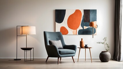 Fototapeta premium Modern living room interior with minimalist furniture and abstract wall art 