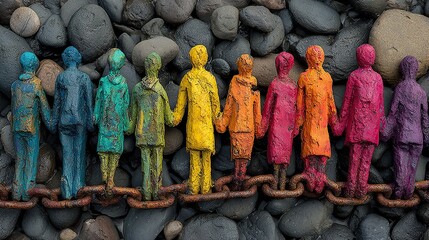 Colorful figures stand on rusty chains holding hands symbolizing unity on a stone background representing the strength of diversity and working together