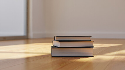 Stack of three hardcover books on a wooden floor with sunlight