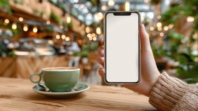 Woman displays blank mobile phone screen next to coffee at cozy cafe with wood table and blurred lights, providing mockup template for content placement - Powered by Adobe