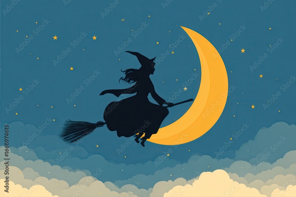 Poster a mystical witch flying on a broomstick against the backdrop of a full moon, creating a spooky and e