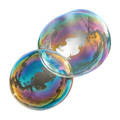 Intertwined soap bubbles with colorful interference patterns, transparent background