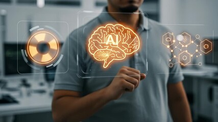 Modern man interacts with glowing Artificial Intelligence (AI) brain hologram, exploring future technology, data networks, and innovation in a digital office environment. - Powered by Adobe