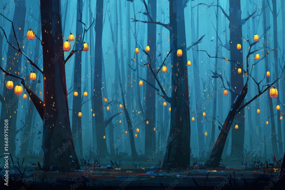 Poster a spooky forest scene with lanterns hanging from trees, creating a mysterious and eerie atmosphere. 