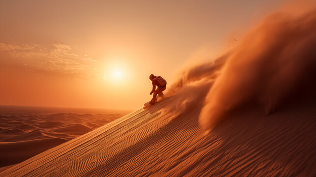 Athlete sandboarding down golden desert dune at sunset
