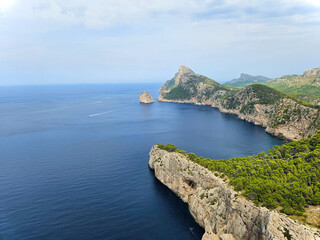 Fototapeta premium View of the coast of island. Llyn brianne, brecon beacons wales. View from mountains to blue sea. Aerial view. Dubrovnic sea view. . Galician coast.