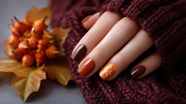 Fall-inspired manicure with orange and brown tones