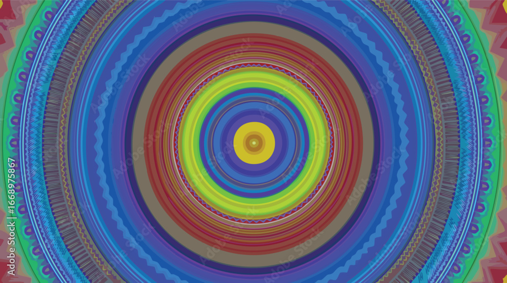 Poster colorful concentric circles with geometric patterns and rainbow hues abstract background.