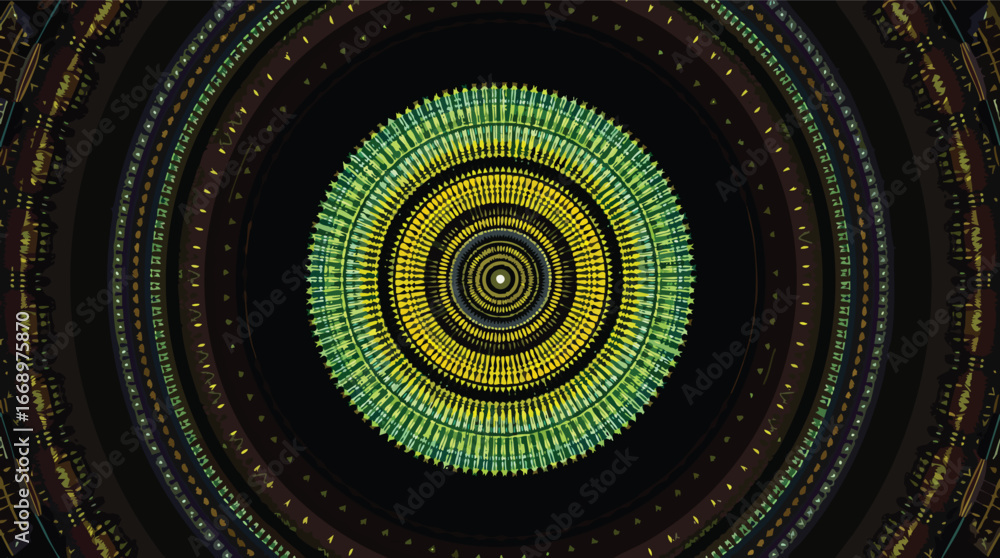Poster dark abstract with yellow and green concentric geometric circles background pattern.