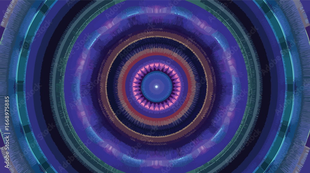 Poster deep blue and purple concentric circles abstract radial design pattern.