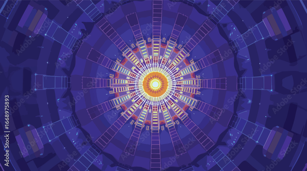 Poster futuristic radial design with glowing center and geometric structure abstract technology.
