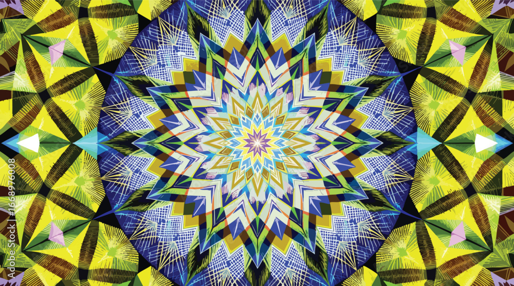 Poster symmetrical starburst kaleidoscope with geometric and textured elements abstract symmetry.