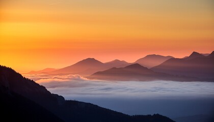 golden sunrise paints misty mountain peaks creating a serene ethereal landscape