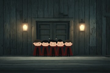 Two people dressed as Draculas standing in front of a wooden door. They are wearing vampire costumes and striking a pose for a group photo.