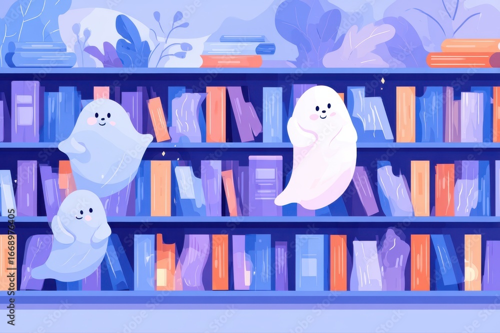 Poster a whimsical illustration of friendly ghosts playing hide and seek in a library, with one ghost appea
