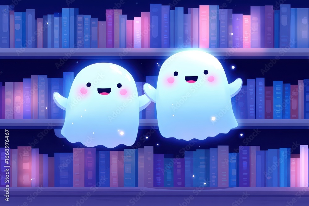 Poster two friendly ghosts playing hide and seek in front of a row of bookshelves in a flat art style.