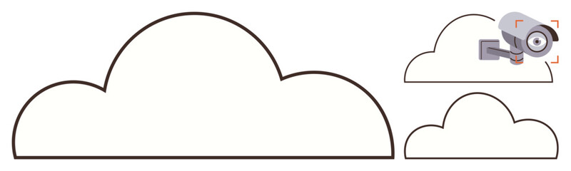 Large cloud outlines and surveillance camera with focus frame suggest data security, privacy, and online safety. Ideal for tech, cybersecurity, cloud computing, privacy, protection, monitoring