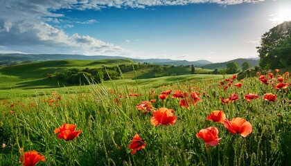 Fototapeta premium bright red poppies bloom in a lush green field under a clear blue sky at sunrise in springtime nature