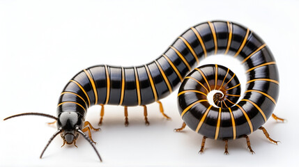 Naklejka premium Millipede curled up on a white background displaying segmented body and numerous legs in a close-up view