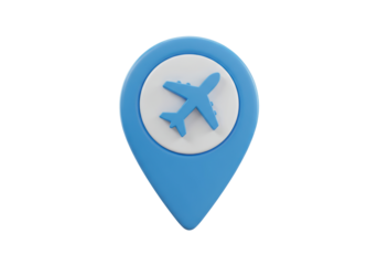 Isolated location pin pointer with airplane icon, signifying travel, navigation, destination, tourism, and geographical positioning
