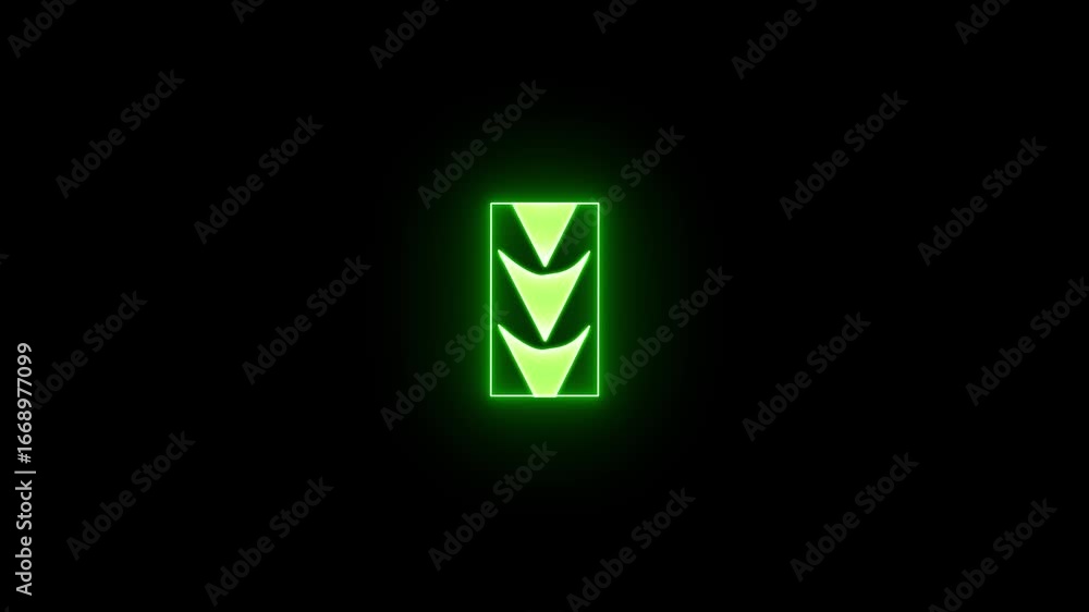 Poster neon green down arrow animation. glowing neon down directional arrow loop animation. neon light arro