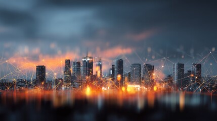 Fototapeta premium modern city skyline blurred in background with abstract overlay shapes, glowing lights, business and corporate style