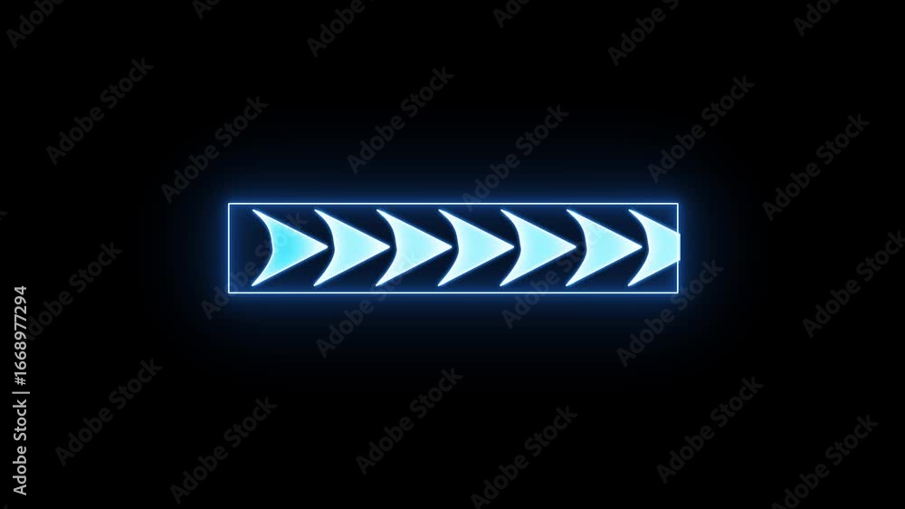 Poster neon blue right arrow animation. glowing neon right directional arrow loop animation. neon light arr