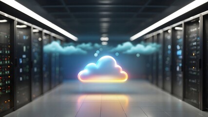 Cloud computing technology concept with digital cloud icons in modern data center server room