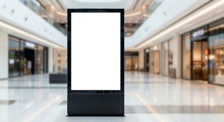 Digital advertising display screen with blank white screen in a bright modern shopping mall digital screen
