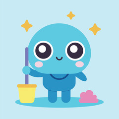 Adorable blue cartoon character with big eyes holding a mop and bucket ready for cleaning with sparkling stars and a pile of pink dust