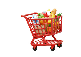 Isolated 3D Render of a Red Shopping Cart Full of Groceries, Including Bread, Bananas, Milk, and Vegetables, Displaying a Concept of Consumerism and Retail Shopping © Ryan